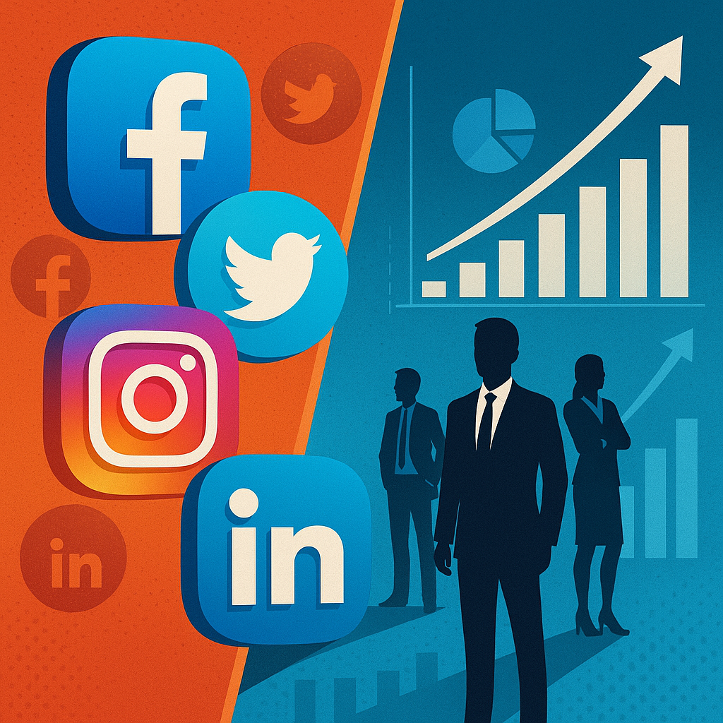 Social media icons and business people artwork. Thumbnail showcasing how to use social media for business
