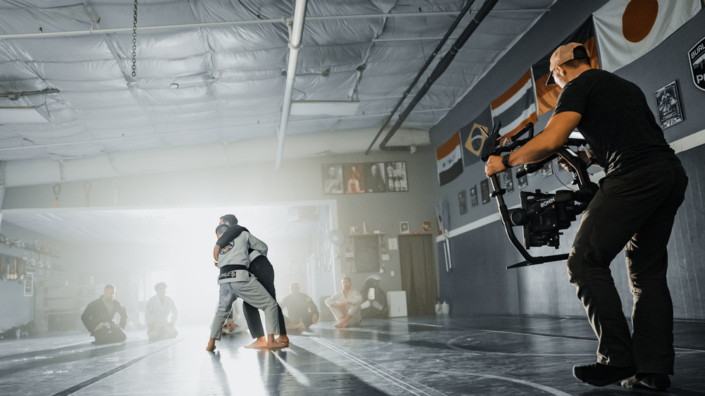Behind the scenes of a police recruitment video shoot jiu-jitsu training vermont using a red v-raptor xl vv on a gimbal with atlas anamorphic lenses