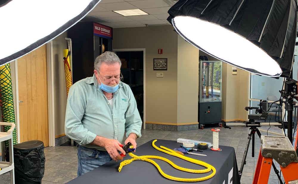 Behind the scenes photo of filming rope splicing training videos with Yale Cordage in Saco, Maine - Horizon Visual Media