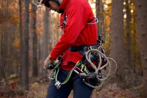 still frame from a product testimonial video for arborist climbing line