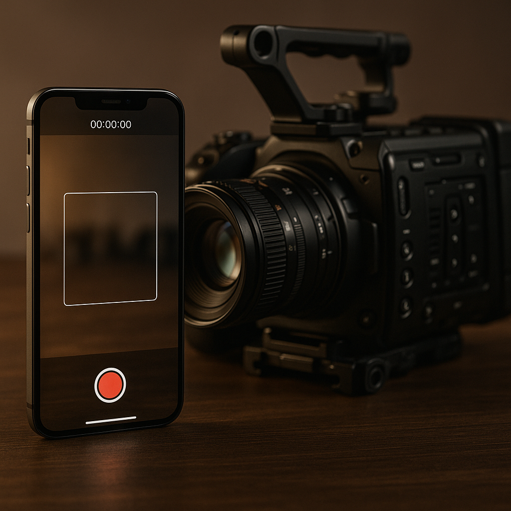 A smartphone next to a cinema camera | thumbnail for Great Video Cameras for Every Level of Filmmaking