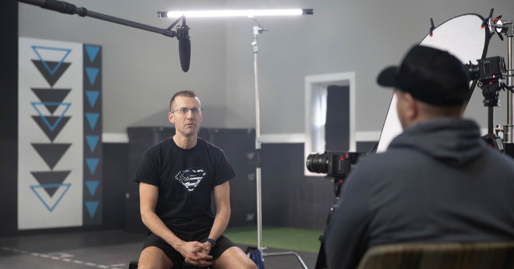 Testimonial video production in progress with a client of a physical therapy clinic